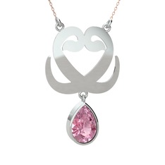 Çift Vav Kolye - Pembe kuvars 14 ayar beyaz altın kolye (40 cm gümüş rolo zincir) #10fpygb