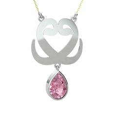 Çift Vav Kolye - Pembe kuvars 8 ayar beyaz altın kolye (40 cm gümüş rolo zincir) #1r01p9k