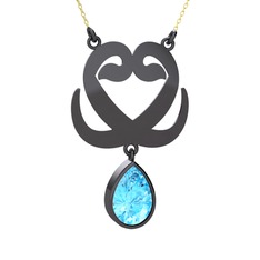 Çift Vav Kolye - Akuamarin 925 ayar siyah rodyum kaplama gümüş kolye (40 cm altın rolo zincir) #1siaxs8