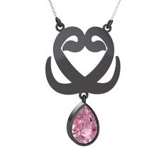 Çift Vav Kolye - Pembe kuvars 925 ayar siyah rodyum kaplama gümüş kolye (40 cm beyaz altın rolo zincir) #7kige6