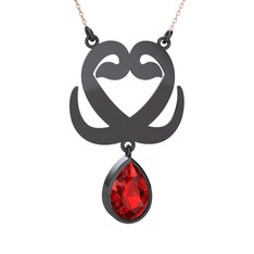 Çift Vav Kolye - Garnet 925 ayar siyah rodyum kaplama gümüş kolye (40 cm rose altın rolo zincir) #ripg3b