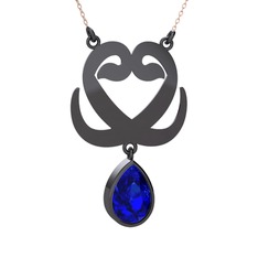 Çift Vav Kolye - Lab safir 925 ayar siyah rodyum kaplama gümüş kolye (40 cm rose altın rolo zincir) #smdcys