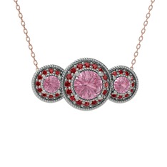 Pembe kuvars ve garnet 14 ayar beyaz altın kolye (40 cm rose altın rolo zincir)