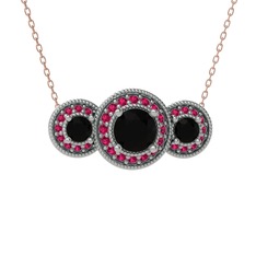 Siyah zirkon ve rodolit garnet 18 ayar beyaz altın kolye (40 cm rose altın rolo zincir)