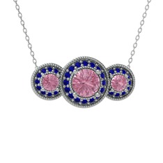Pembe kuvars ve lab safir 925 ayar gümüş kolye (40 cm beyaz altın rolo zincir)