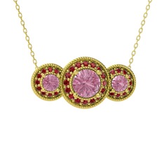 Elia Tria Kolye - Pembe kuvars ve garnet 18 ayar altın kolye (40 cm altın rolo zincir) #16r4mrn
