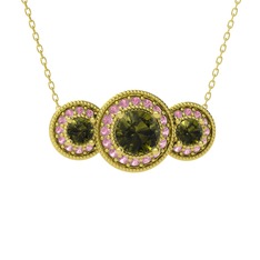 Peridot ve pembe kuvars 925 ayar altın kaplama gümüş kolye (40 cm altın rolo zincir)