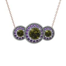 Peridot ve ametist 14 ayar beyaz altın kolye (40 cm rose altın rolo zincir)