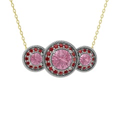Pembe kuvars ve garnet 8 ayar beyaz altın kolye (40 cm altın rolo zincir)