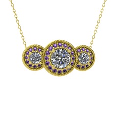 Elia Tria Kolye - Beyaz zirkon ve ametist 14 ayar altın kolye (40 cm gümüş rolo zincir) #1doool8