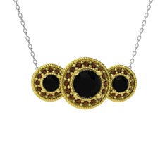 Elia Tria Kolye - Siyah zirkon ve dumanlı kuvars 8 ayar altın kolye (40 cm gümüş rolo zincir) #1hou7kh