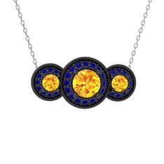 Sitrin ve lab safir 925 ayar siyah rodyum kaplama gümüş kolye (40 cm beyaz altın rolo zincir)