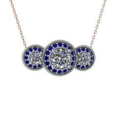 Pırlanta ve lab safir 925 ayar gümüş kolye (1.5 karat, 40 cm rose altın rolo zincir)