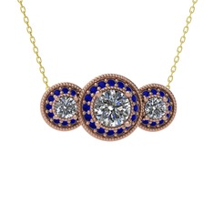 Pırlanta ve lab safir 925 ayar rose altın kaplama gümüş kolye (1.5 karat, 40 cm altın rolo zincir)