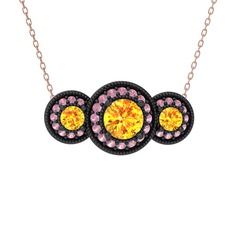 Elia Tria Kolye - Sitrin ve pembe kuvars 925 ayar siyah rodyum kaplama gümüş kolye (40 cm gümüş rolo zincir) #1iy49cu