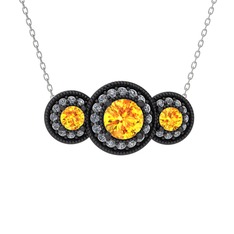 Elia Tria Kolye - Sitrin ve swarovski 925 ayar siyah rodyum kaplama gümüş kolye (40 cm beyaz altın rolo zincir) #1ljq3o