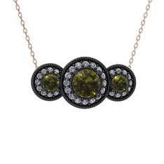 Peridot ve pırlanta 925 ayar siyah rodyum kaplama gümüş kolye (0.462 karat, 40 cm rose altın rolo zincir)