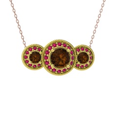 Elia Tria Kolye - Dumanlı kuvars ve rodolit garnet 18 ayar altın kolye (40 cm rose altın rolo zincir) #1n42h21
