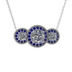 Pırlanta ve lab safir 925 ayar gümüş kolye (1.5 karat, 40 cm beyaz altın rolo zincir)