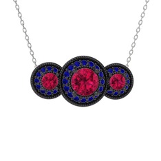 Elia Tria Kolye - Rodolit garnet ve lab safir 925 ayar siyah rodyum kaplama gümüş kolye (40 cm beyaz altın rolo zincir) #1stvnf4