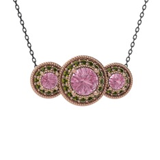 Pembe kuvars ve peridot 14 ayar rose altın kolye (40 cm gümüş rolo zincir)