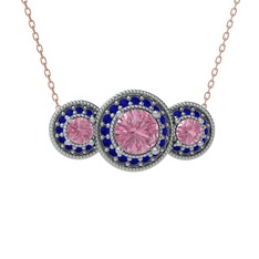 Pembe kuvars ve lab safir 925 ayar gümüş kolye (40 cm rose altın rolo zincir)