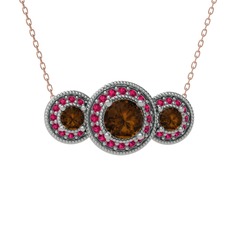 Dumanlı kuvars ve rodolit garnet 8 ayar beyaz altın kolye (40 cm rose altın rolo zincir)