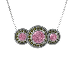 Pembe kuvars ve peridot 14 ayar beyaz altın kolye (40 cm beyaz altın rolo zincir)