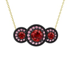 Elia Tria Kolye - Garnet ve pembe kuvars 925 ayar siyah rodyum kaplama gümüş kolye (40 cm gümüş rolo zincir) #1xlspfc