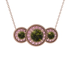Peridot ve pembe kuvars 14 ayar rose altın kolye (40 cm rose altın rolo zincir)
