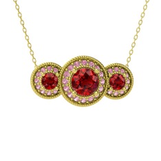 Elia Tria Kolye - Garnet ve pembe kuvars 8 ayar altın kolye (40 cm altın rolo zincir) #4x1su2