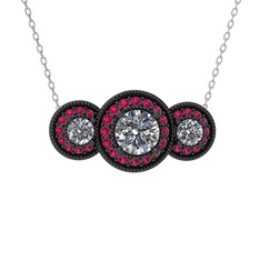 Elia Tria Kolye - Beyaz zirkon ve rodolit garnet 925 ayar siyah rodyum kaplama gümüş kolye (40 cm gümüş rolo zincir) #52ew99