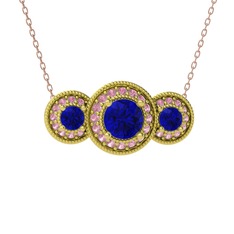 Lab safir ve pembe kuvars 18 ayar altın kolye (40 cm rose altın rolo zincir)