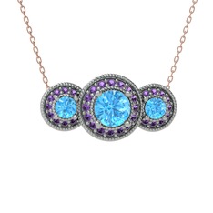 Akuamarin ve ametist 14 ayar beyaz altın kolye (40 cm rose altın rolo zincir)