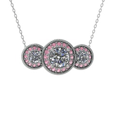 Pırlanta ve pembe kuvars 14 ayar beyaz altın kolye (1.5 karat, 40 cm beyaz altın rolo zincir)