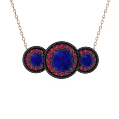 Elia Tria Kolye - Lab safir ve rodolit garnet 925 ayar siyah rodyum kaplama gümüş kolye (40 cm rose altın rolo zincir) #76imyc