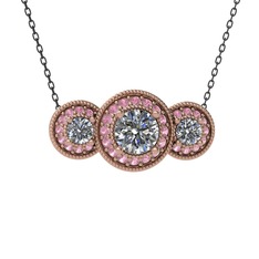 Beyaz zirkon ve pembe kuvars 14 ayar rose altın kolye (40 cm gümüş rolo zincir)