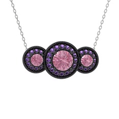 Elia Tria Kolye - Pembe kuvars ve ametist 925 ayar siyah rodyum kaplama gümüş kolye (40 cm gümüş rolo zincir) #8370zf
