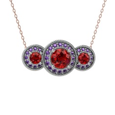 Garnet ve ametist 18 ayar beyaz altın kolye (40 cm rose altın rolo zincir)
