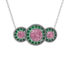 Pembe kuvars ve yeşil kuvars 8 ayar beyaz altın kolye (40 cm beyaz altın rolo zincir)