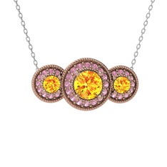 Sitrin ve pembe kuvars 8 ayar rose altın kolye (40 cm beyaz altın rolo zincir)