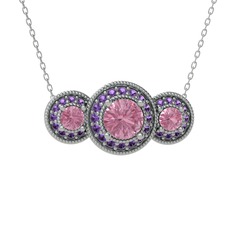 Elia Tria Kolye - Pembe kuvars ve ametist 8 ayar beyaz altın kolye (40 cm beyaz altın rolo zincir) #b2llzi