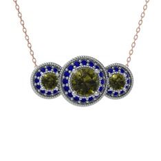 Peridot ve lab safir 925 ayar gümüş kolye (40 cm rose altın rolo zincir)