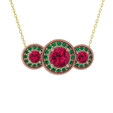 Rodolit garnet ve yeşil kuvars 14 ayar rose altın kolye (40 cm altın rolo zincir)