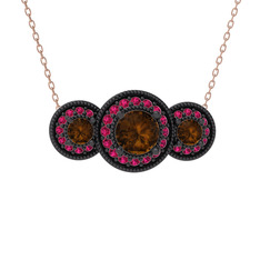 Elia Tria Kolye - Dumanlı kuvars ve rodolit garnet 925 ayar siyah rodyum kaplama gümüş kolye (40 cm rose altın rolo zincir) #dznpjs