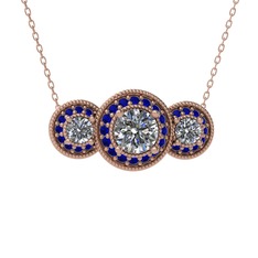 Pırlanta ve lab safir 14 ayar rose altın kolye (1.5 karat, 40 cm rose altın rolo zincir)