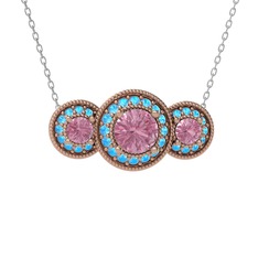 Pembe kuvars ve akuamarin 14 ayar rose altın kolye (40 cm beyaz altın rolo zincir)