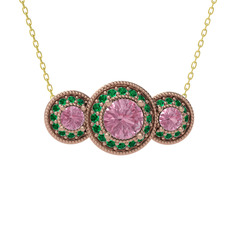 Elia Tria Kolye - Pembe kuvars ve yeşil kuvars 8 ayar rose altın kolye (40 cm gümüş rolo zincir) #fjr0f8