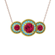 Elia Tria Kolye - Rodolit garnet ve akuamarin 18 ayar altın kolye (40 cm rose altın rolo zincir) #h6nfe