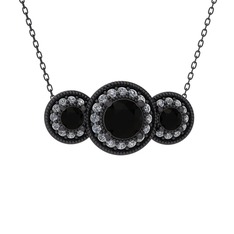 Elia Tria Kolye - Siyah zirkon ve swarovski 925 ayar siyah rodyum kaplama gümüş kolye (40 cm gümüş rolo zincir) #it37es